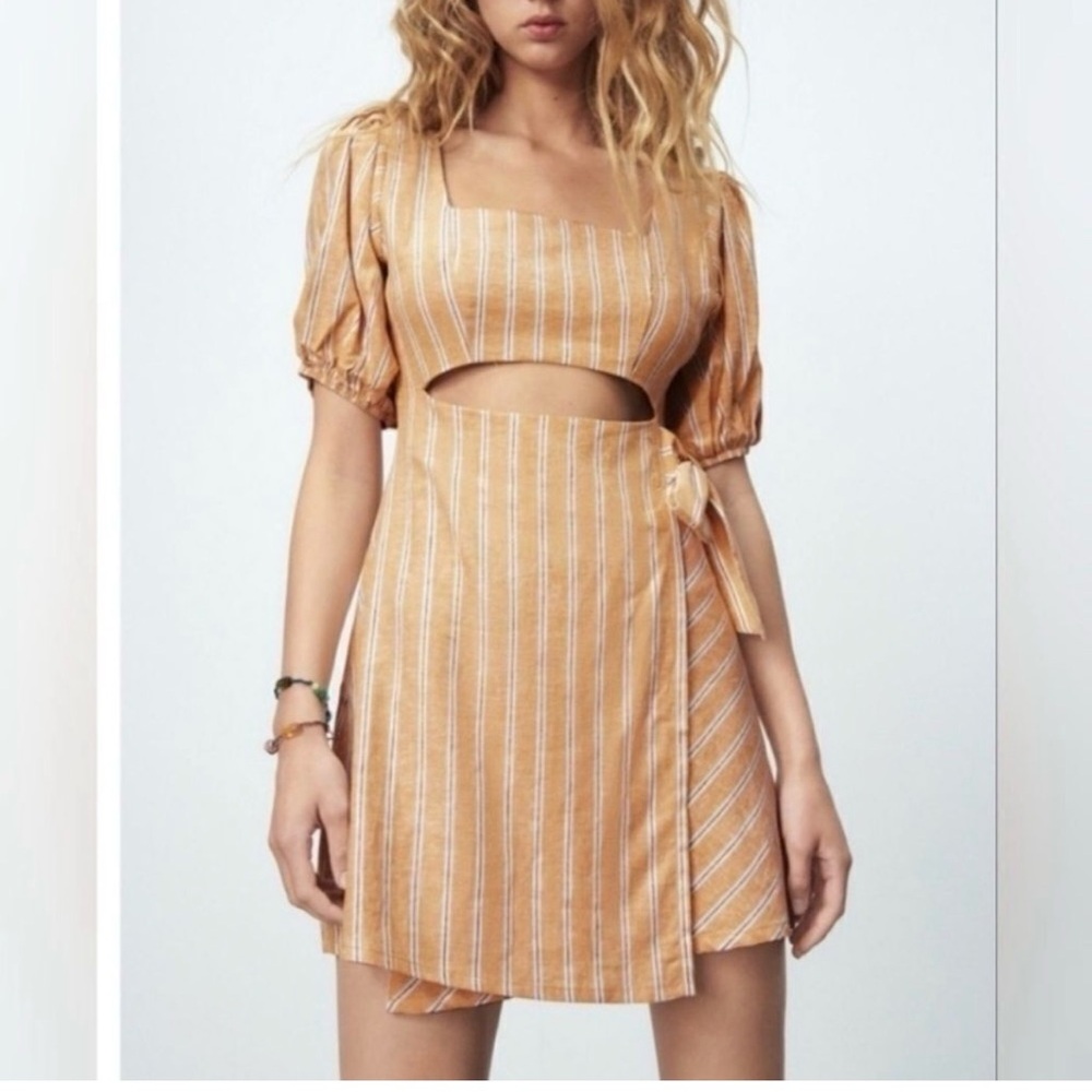 Zara Linen Blend Yellow Striped Dress